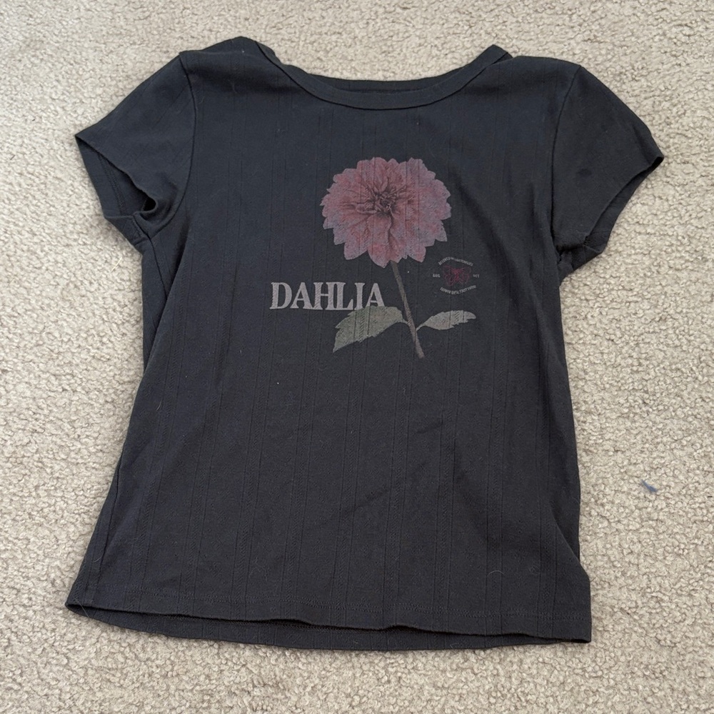 Dalia Charcoal Floral Tee flattering fit, waist length